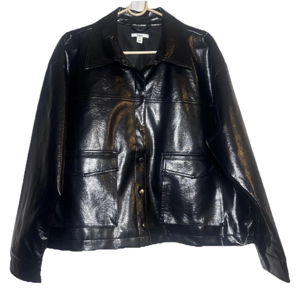 Bar III Faux Leather Jacket Women's‎ 2X Black Snap Button Shiny Plus Size Coat